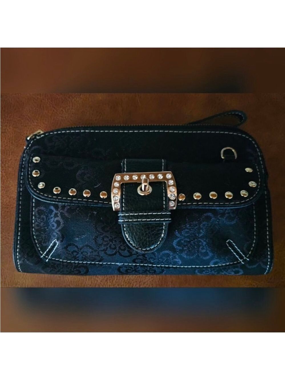 Kathy Van Zeeland Black Gold Embellished Crossbody Clutch